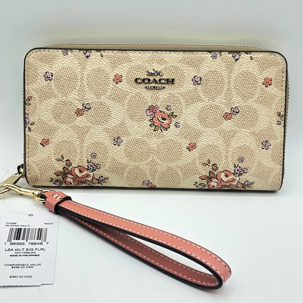 NWT Coach Floral Signature Zip Around Wristlet Wallet Sand Multi